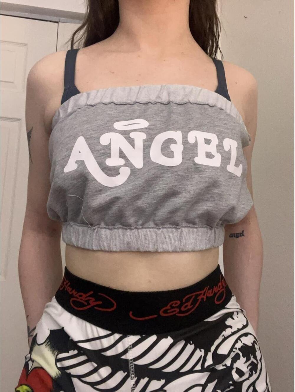 Gray Angel crop top with white 'ANGEL'